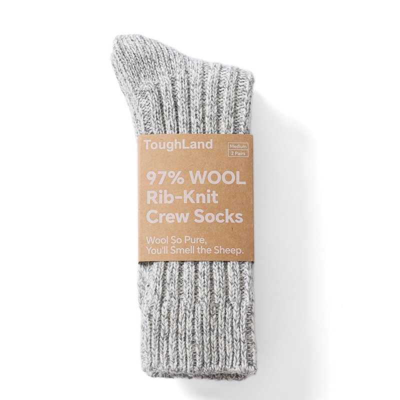 Tough Land 97% Merino Wool Crew Socks for Men & Women 2 Pairs – Classic Rib, Thick Wool Socks for Hiking, Work, Ski