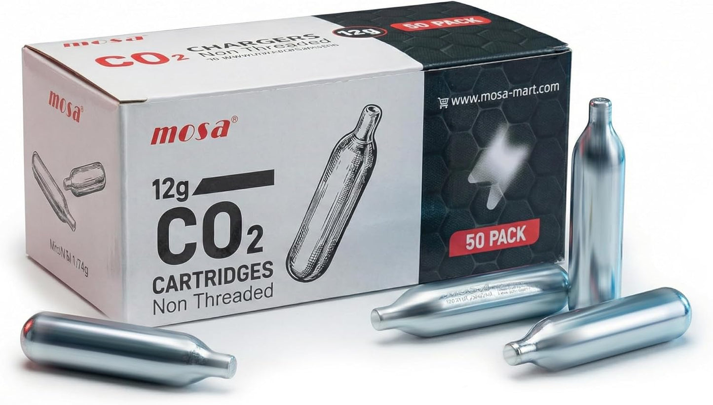 Mosa 12g CO2 Cartridges - 50-Pack Non-Threaded Leakproof Steel Capsules | Pure Carbon Dioxide for BB Guns & Airsoft Pistols