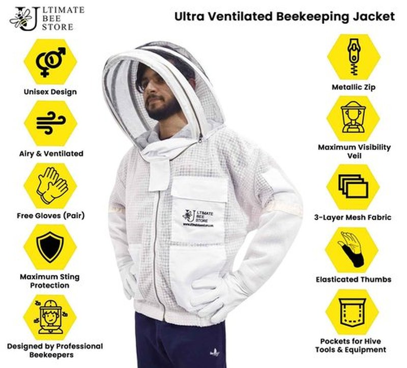 Ultimate Bee Store Ultra Ventilated Bee Jacket Beekeepers 3 Layer Beekeeping Jacket Sting Resistant Apiarist Jacket for Men & Women with Pair of Gloves (White Fencing Veil, Large)