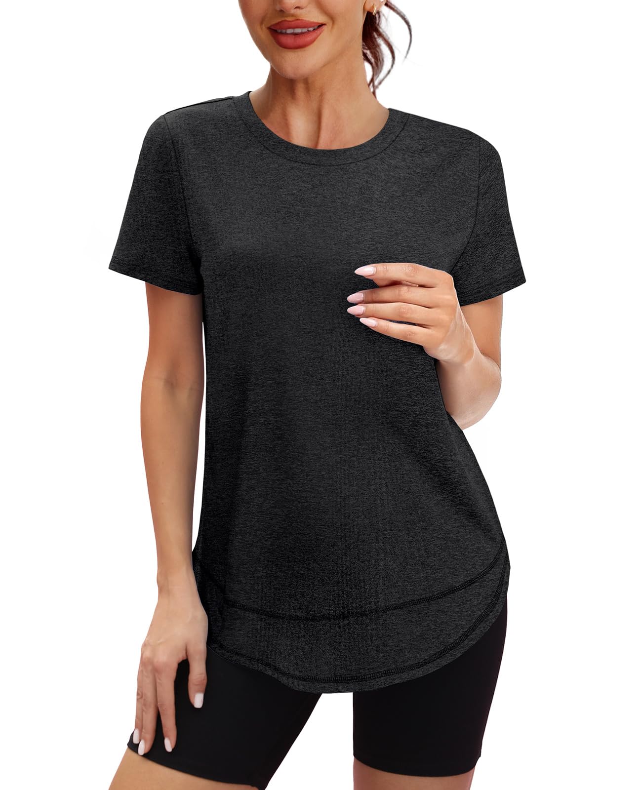 Short Sleeve Shirts for Women Workout Yoga Tops Sun Protection Clothing Summer Outfits Rash Guard Side Slit Black XL