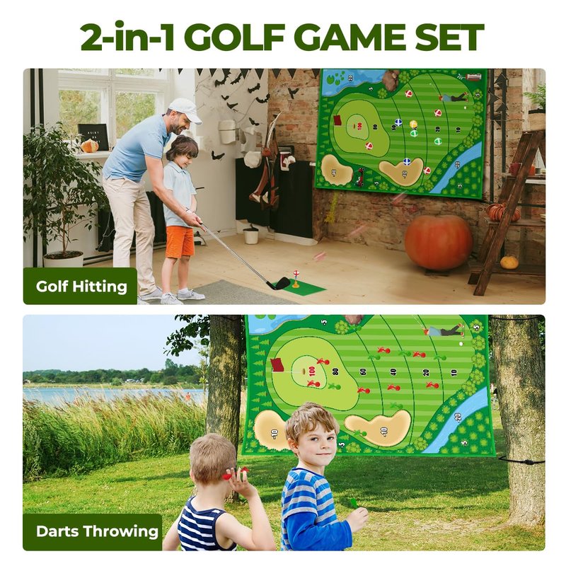FINCOME Golf Chipping Game Mat Set, Golf Hitting Training Mat Practice Outdoor Indoor for Adults Family, Kids Outdoor Play Equipment, Stick Chip Games for Backyard Office Home (70.1x47.2in)
