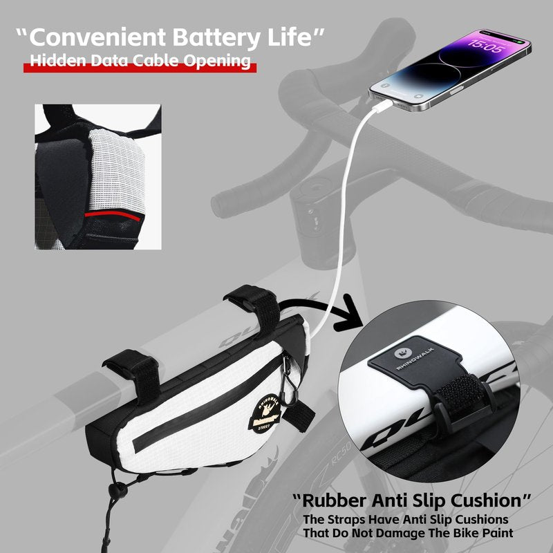 Rhinowalk Bike Frame Bag Waterproof Triangle Frame Storage Bag with Cable Port 1L Lightweight Bicycle Bag for Road Bike MTB Gravel Bike Compact Cycling Accessory with Pump Strap (Black)