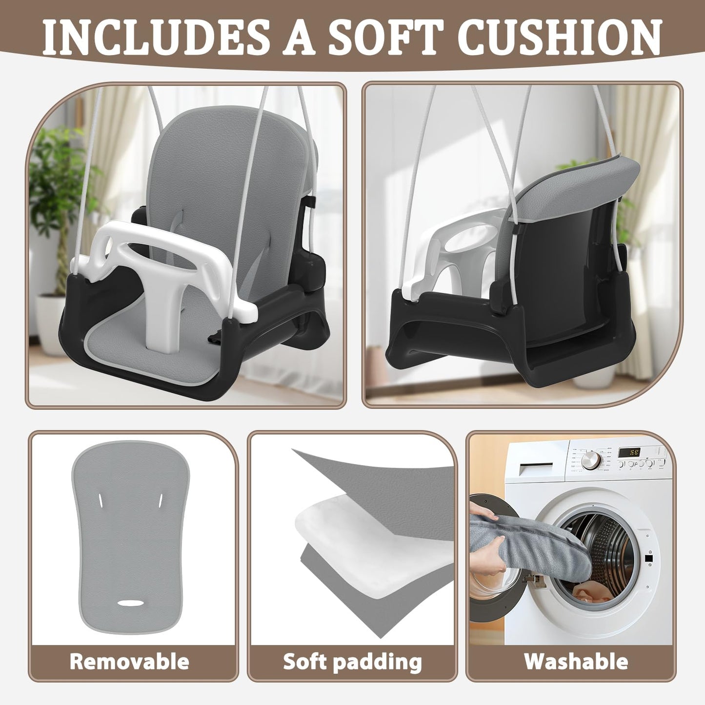 Toddler Swing with Soft Cushion, Foldable Indoor & Outdoor Baby Swing, Easy to Install & Store for Backyard Play (Black)