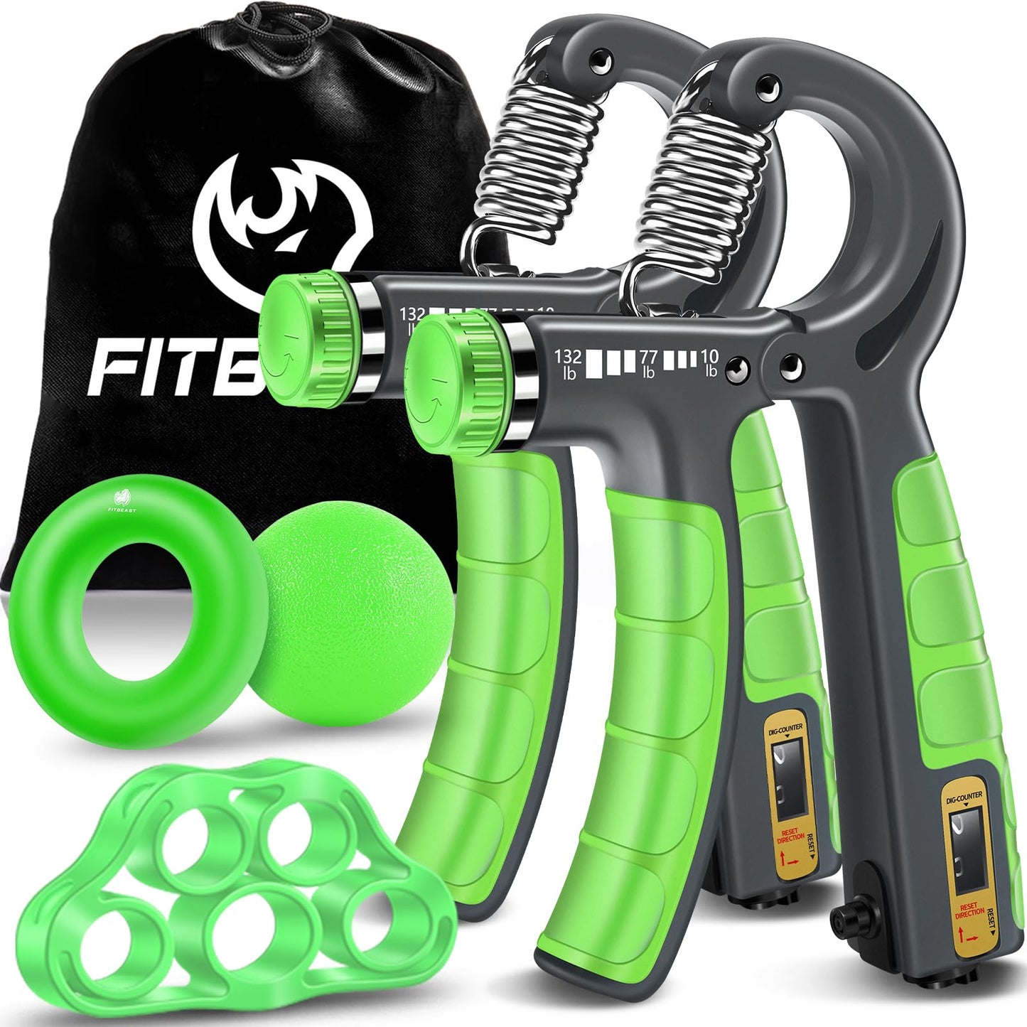 FitBeast Forearm Strengthener Set - 2 Adjustable Hand Grippers with Counters for Athletes and Muscle Building - 5 Pack, Light Green