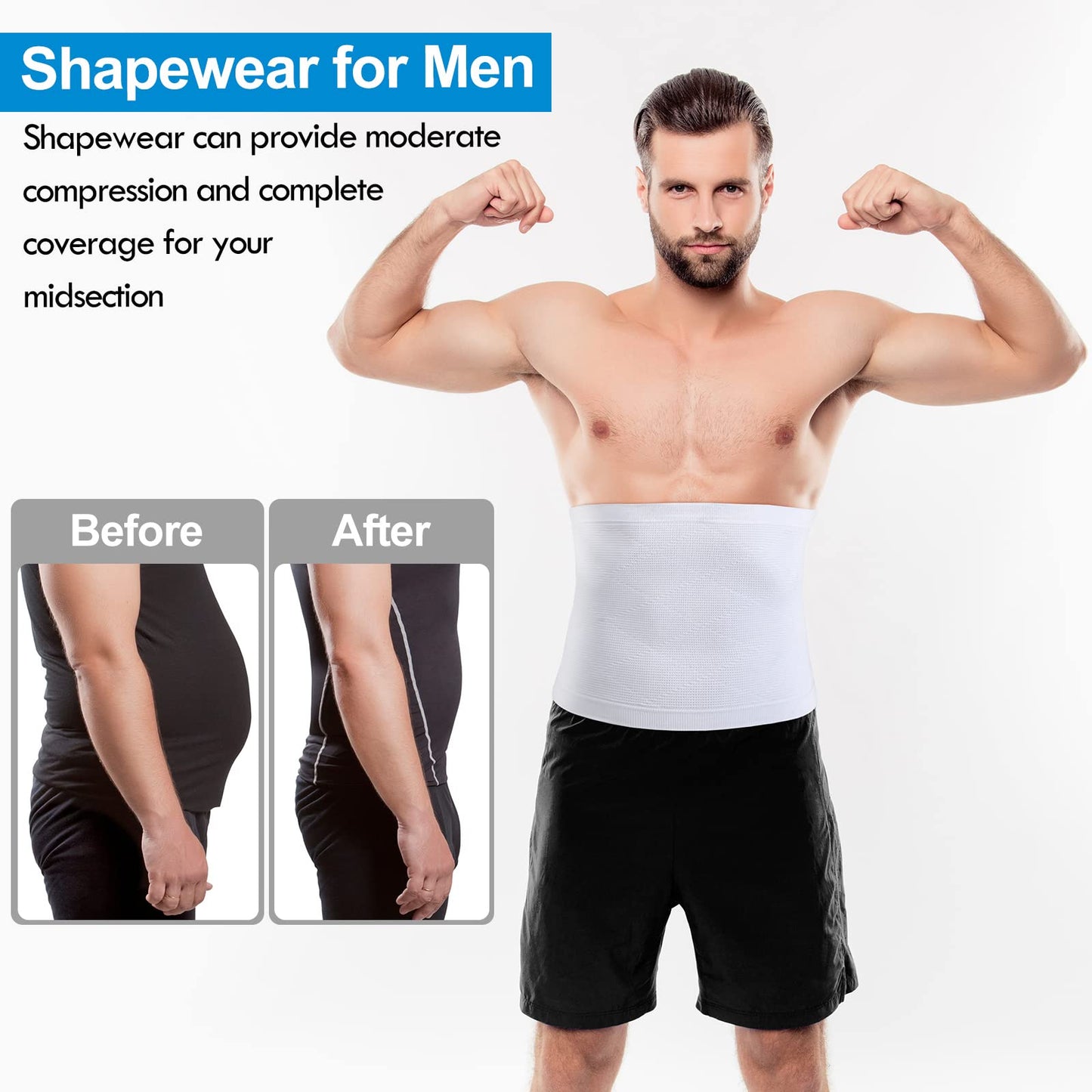 Sintege Men's Waist Control Belt Shaping Band Firm Tummy Control Shapewear Compression Waist Cincher Slimming Body Shaper (L) Black, White