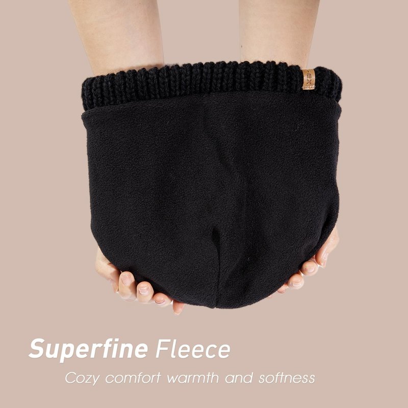 Merino Wool Blend Messy Bun High Ponytail Hole Knit Beanie Hat for Big Large Head Women Warm Winter Cap Fleece Lined Cozy Skull Girls Black