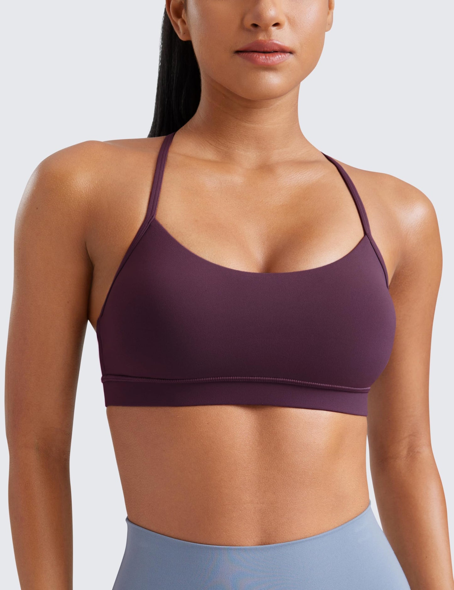 CRZ YOGA Butterluxe Y Back Sports Bras for Women - Padded Racerback Low Impact Spaghetti Thin Strap Workout Yoga Top Deep Purple Medium