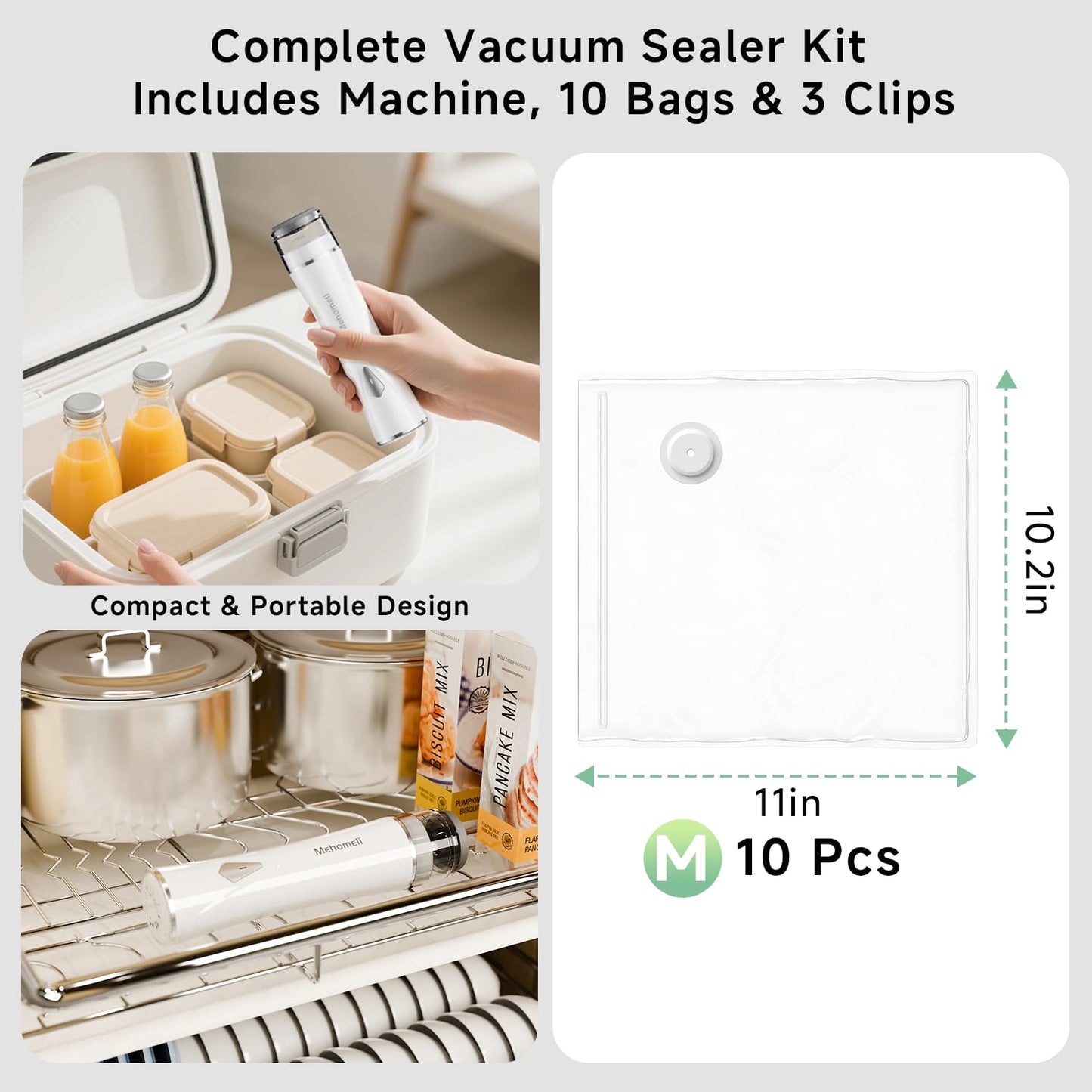 Mehomeli Compact Vacuum Sealer for Food (Vacuum Sealer Machine + 10 Reusable Vacuum Bags), Powerful Handheld Vacuum Sealer Machine, Seal Food 6X Fresh Longer, Portable & Wireless, Easy-Clean
