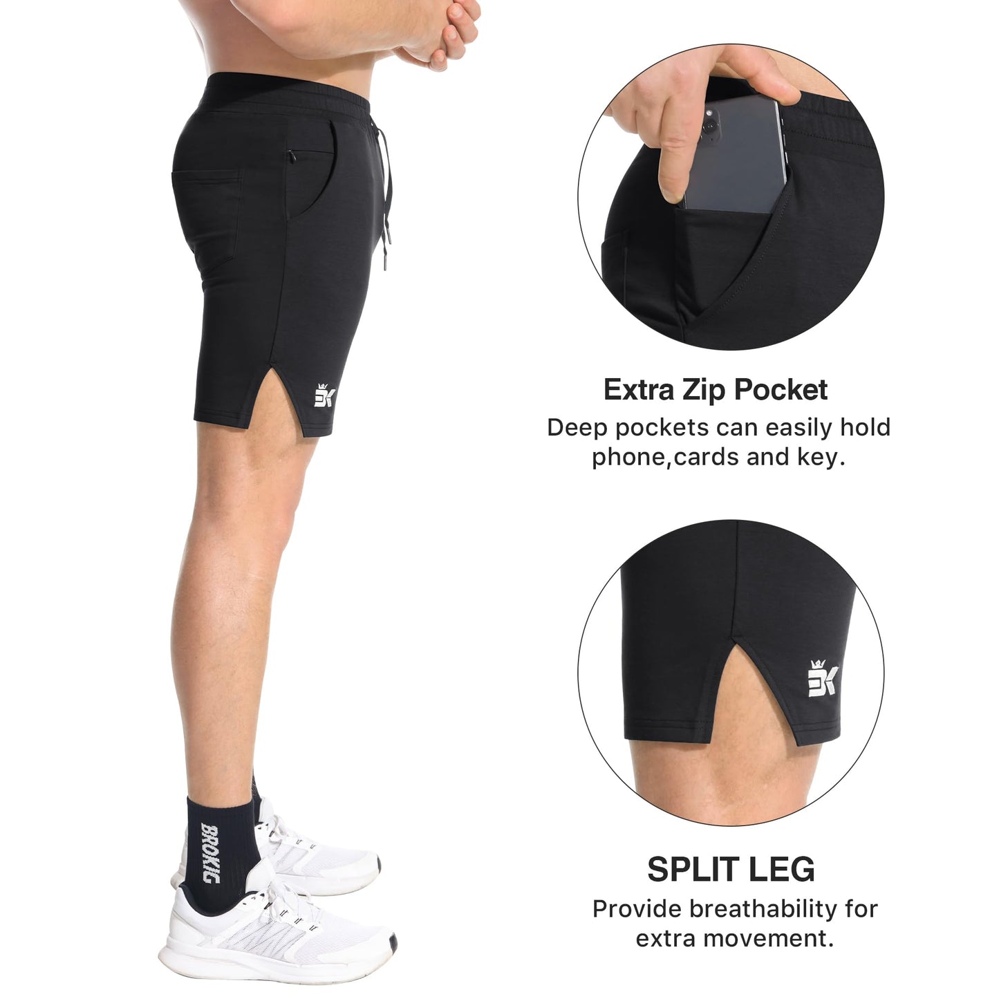 BROKIG Men's Airstretch Gym Shorts,5 Inch Slim Fit Running Exercise Athletic Workout Shorts for Men with Zipper Pockets(Black+Oliver Grey,Small)
