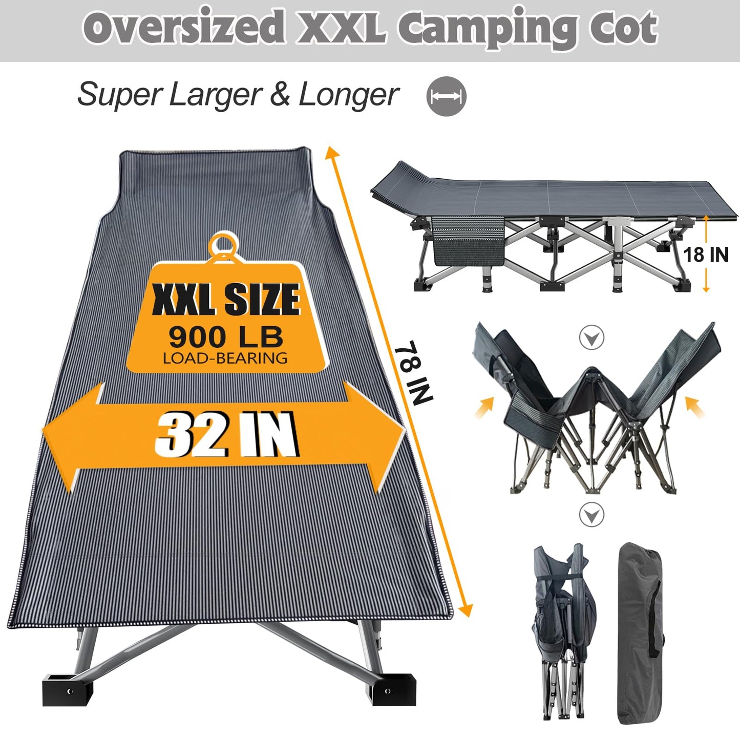 ABORON 2 Pack Oversized XXLFolding Camping Cot W/Mat for Adults, Heavy Duty Outdoor Bed with Carry Bag,1200 D Layer Oxford Travel Camp Cots