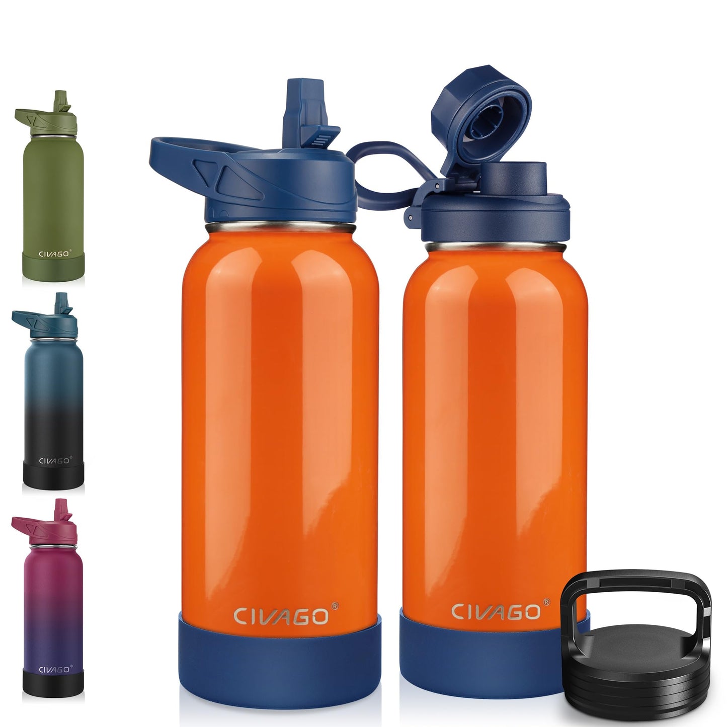 CIVAGO 32 oz Insulated Water Bottle With Straw, Stainless Steel Sports Water Cup Flask with 3 Lids (Straw, Spout and Handle Lid), Wide Mouth Travel Thermal Mug, Deep Orange