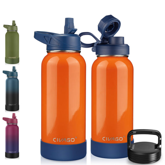 CIVAGO 32 oz Insulated Water Bottle With Straw, Stainless Steel Sports Water Cup Flask with 3 Lids (Straw, Spout and Handle Lid), Wide Mouth Travel Thermal Mug, Deep Orange