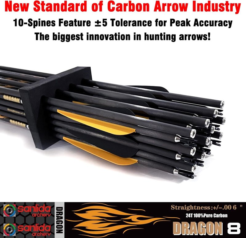 100% Pure Carbon Hunting Arrows - Olympic-Grade 10 Spine Deflection | Straightness 0.001" to 0.006" | 12 or 24 PCS for Compound & Recurve Bows