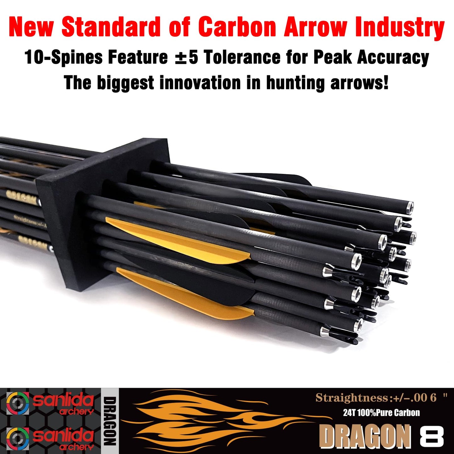 sanlida Dragon 8 100% Pure Carbon Hunting Arrows, 32" Ready-to-Shoot Arrows with Inserts, ±0.006" Straightness, 10-Spine Options, for Compound & Recurve Bows, 24 Pack (290 Spine)