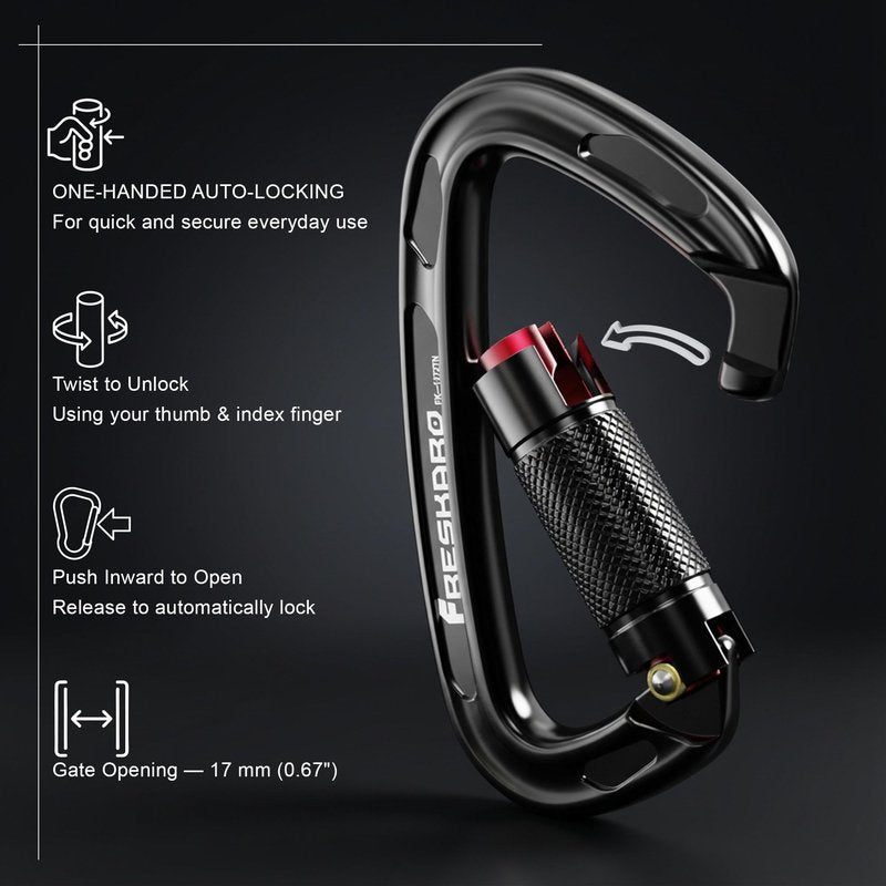 FresKaro Climbing Carabiner Clip, Heavy Duty, Auto Locking, Twist Lock Carbineers for Firefighter, Rock Climbing, Rappelling, Hunting, Gym, UIAA CE Certified 25kN Karabiners, 4 Inch, Black, 4 Pack
