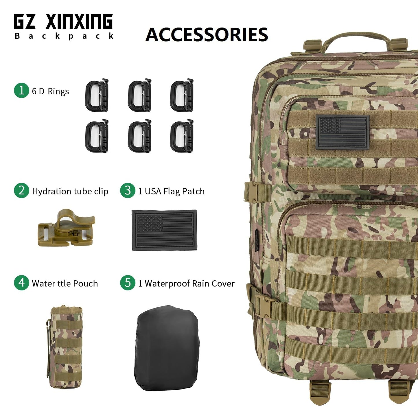 GZ XINXING 45L Large 3 day Molle Assault Pack Military Tactical Army Backpack Bug Out Bag Rucksack Daypack (CP)