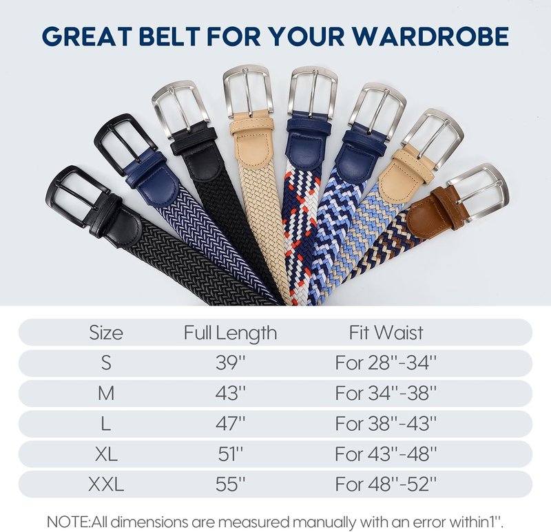 Men's Stretch Braided Belt - Elastic Casual Golf Belt for Jeans | 1 3/8" Width