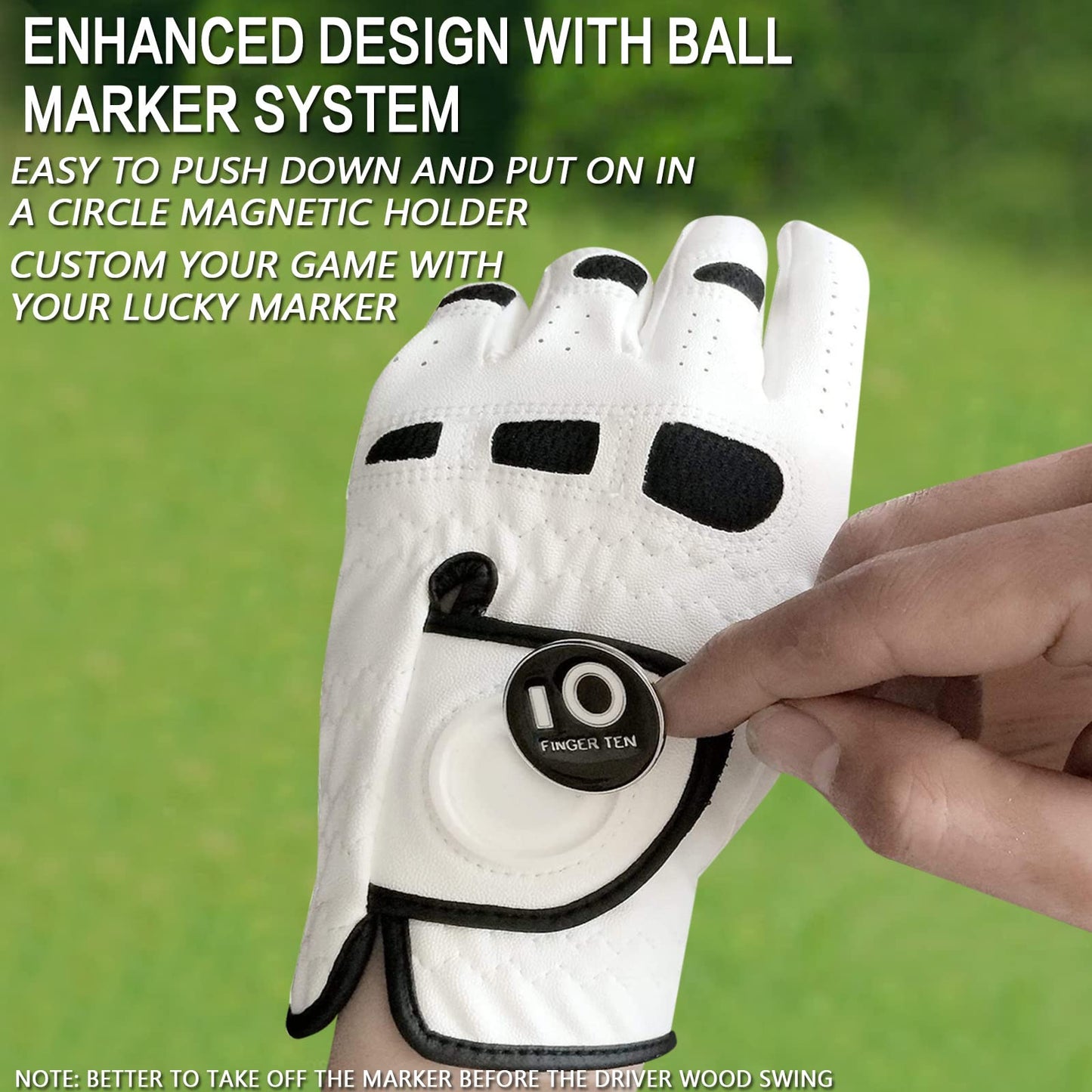 FINGER TEN Men’s Golf Gloves Left Hand Right with Ball Marker 2 Pack, Weathersof Grip Soft Comfortable, Fit Size Small Medium ML Large XL (Large, Worn on Left Hand)