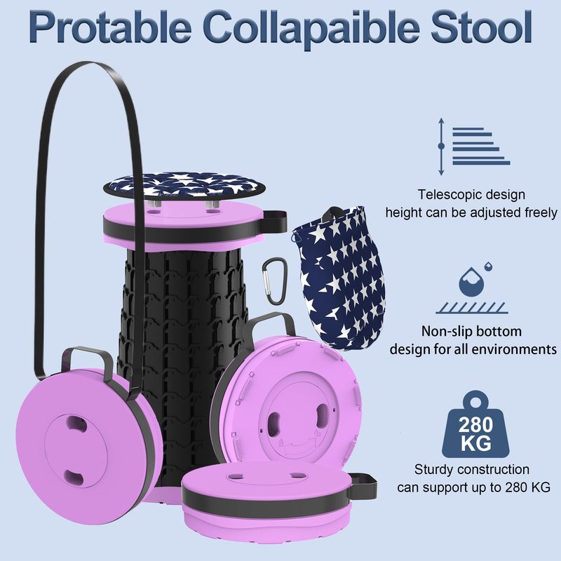ALEVMOOM 2026 Upgraded 18.1" Collapsible Stool with Cushion & Carry Bag, 600lbs Max Weight Portable Telescoping Stool, More Sturdy Lightweight Retractable Seat Folding Chair for Camping & Outdoors