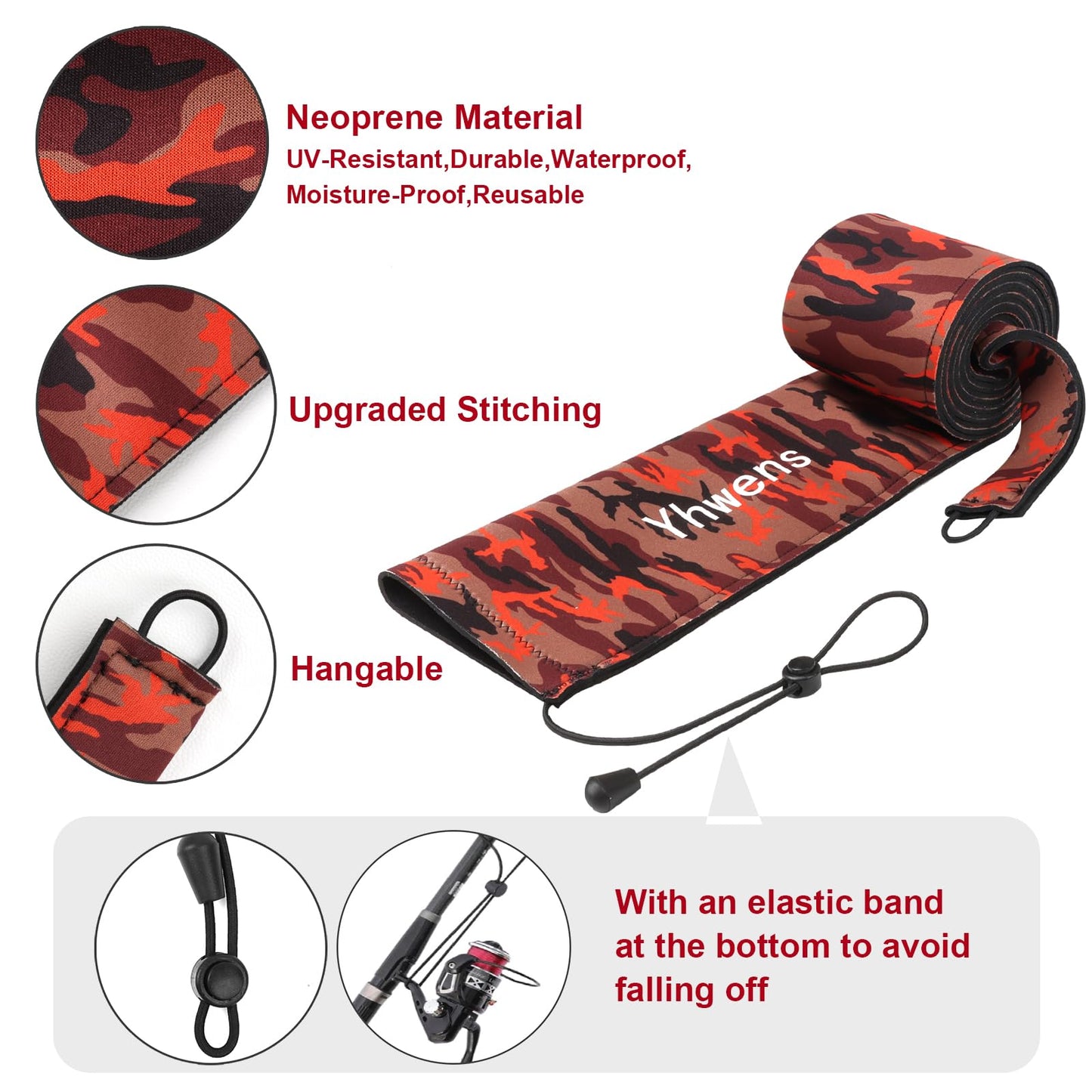 Yhwens Neoprene Fishing Rod Sleeve Rod Socks for Fishing Poles Sleeve Rod Cover Rod Protector for Casting Spinning Trolling Fishing Rod Storage Durable(68” Red Camo 2Packs)