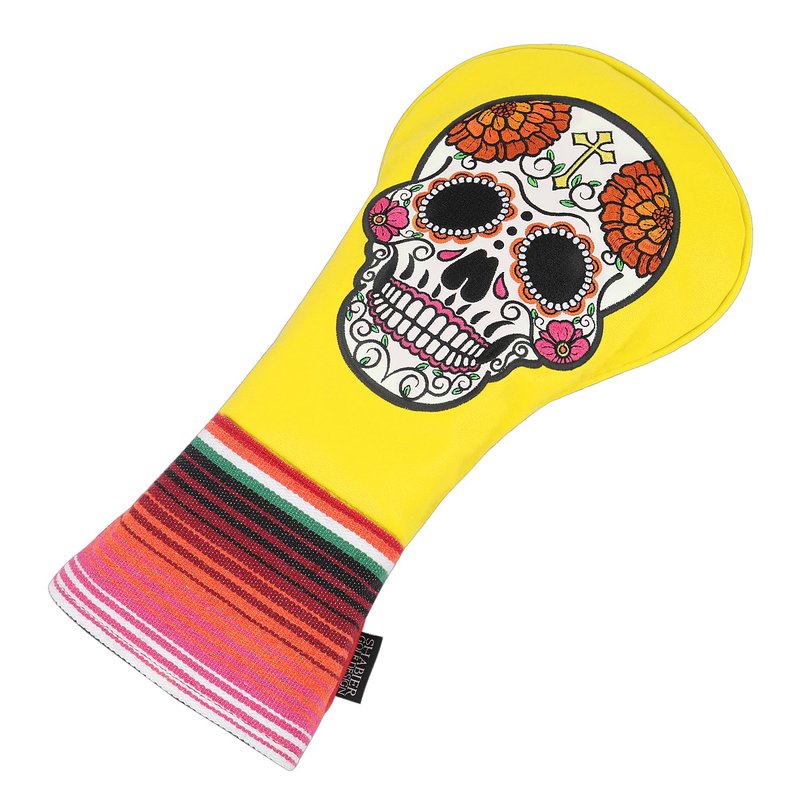 SHABIER Yellow Golf Driver Headcover with Organ Flowers Embroidery Sugar Skull Design for Golf Driver Club