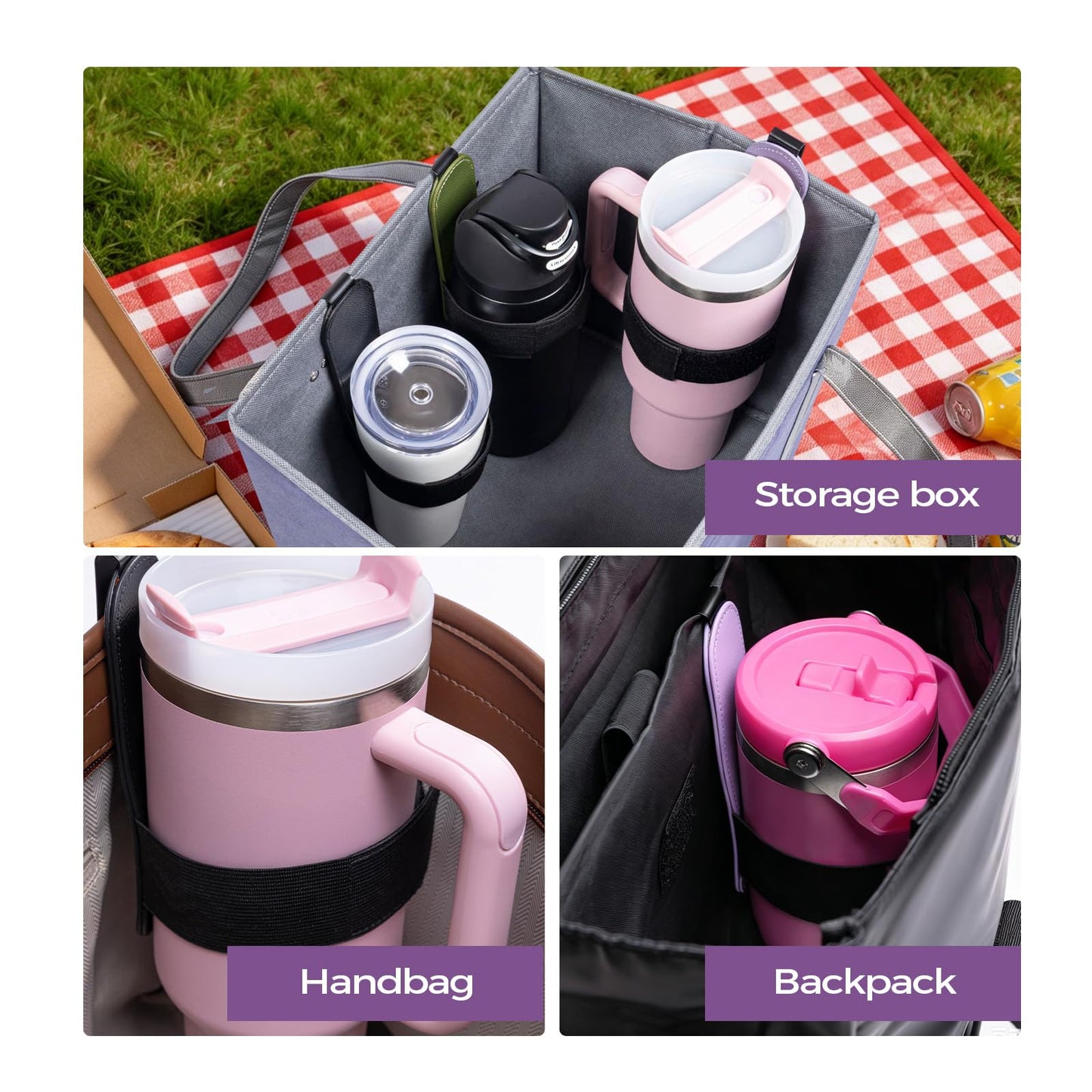 LAZYSEAL Water Bottle Holder Clip for Tote Bag, Backpack & Grocery Bags - Adjustable Anti-Slip Cup Holder Insert - Keeps Drinks Upright & Prevents Spills - Portable Bag Organizer (Black)