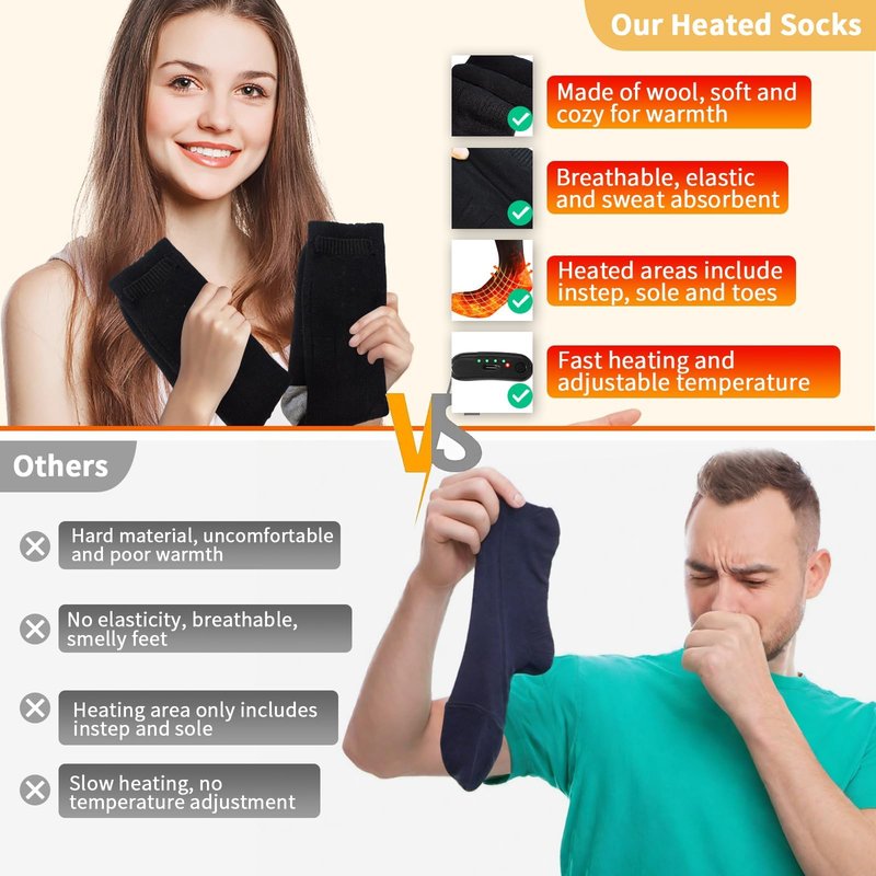 Orznez Heated Socks for Men Women,Rechargeable Heated Socks 3 Heating Levels with 4000mAh*2 Battery,Electric Socks Thermal Foot Warmer Socks for Winter Outdoor Sports, Camping, Hunting, Hiking