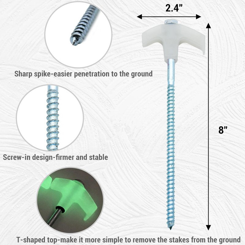 Keovoker 12 Pack Screw in Tent Stakes Heavy Duty-8” Metal Pegs for Ground, Drill in Camping Stake with Hex Head Driver, Spikes Puller, Protector/Stopper in Storage Bag, for Hiking, Glow in Dark