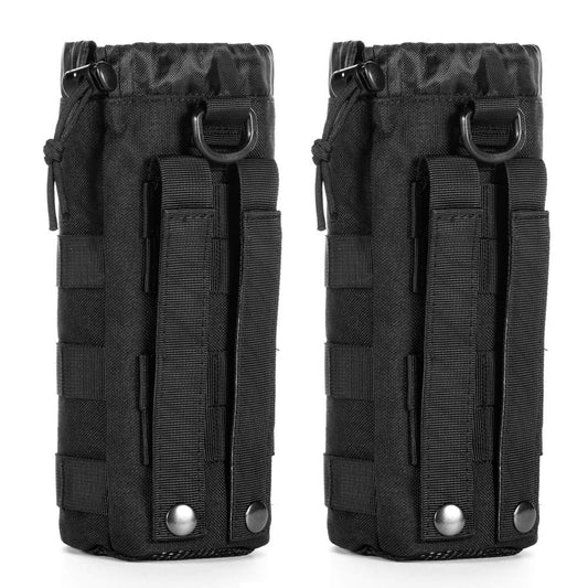 Upgraded Sports Water Bottles Pouch Bag, Tactical Drawstring Molle Holder Pouches, Travel Mesh Tactical Hydration Carrier (Black-2 Pack)