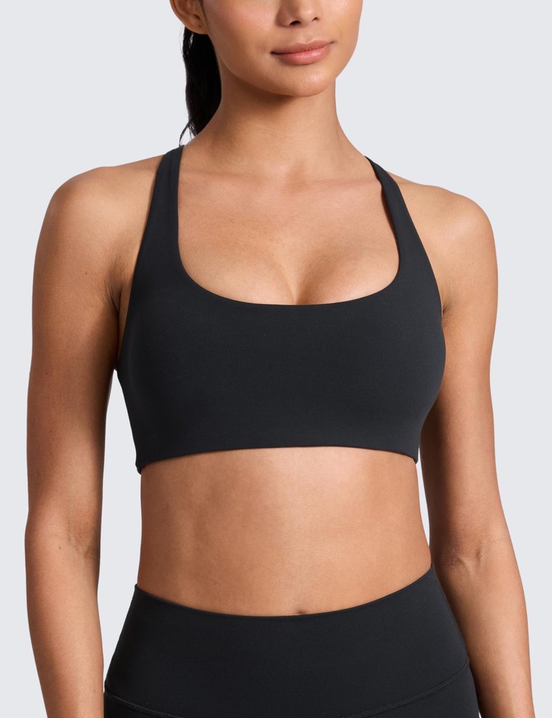 CRZ YOGA Butterlift Cross Back Sports Bras for Women - Scoop Neck Adjustable Straps Wireless Padded Pilates Workout Top Black Medium