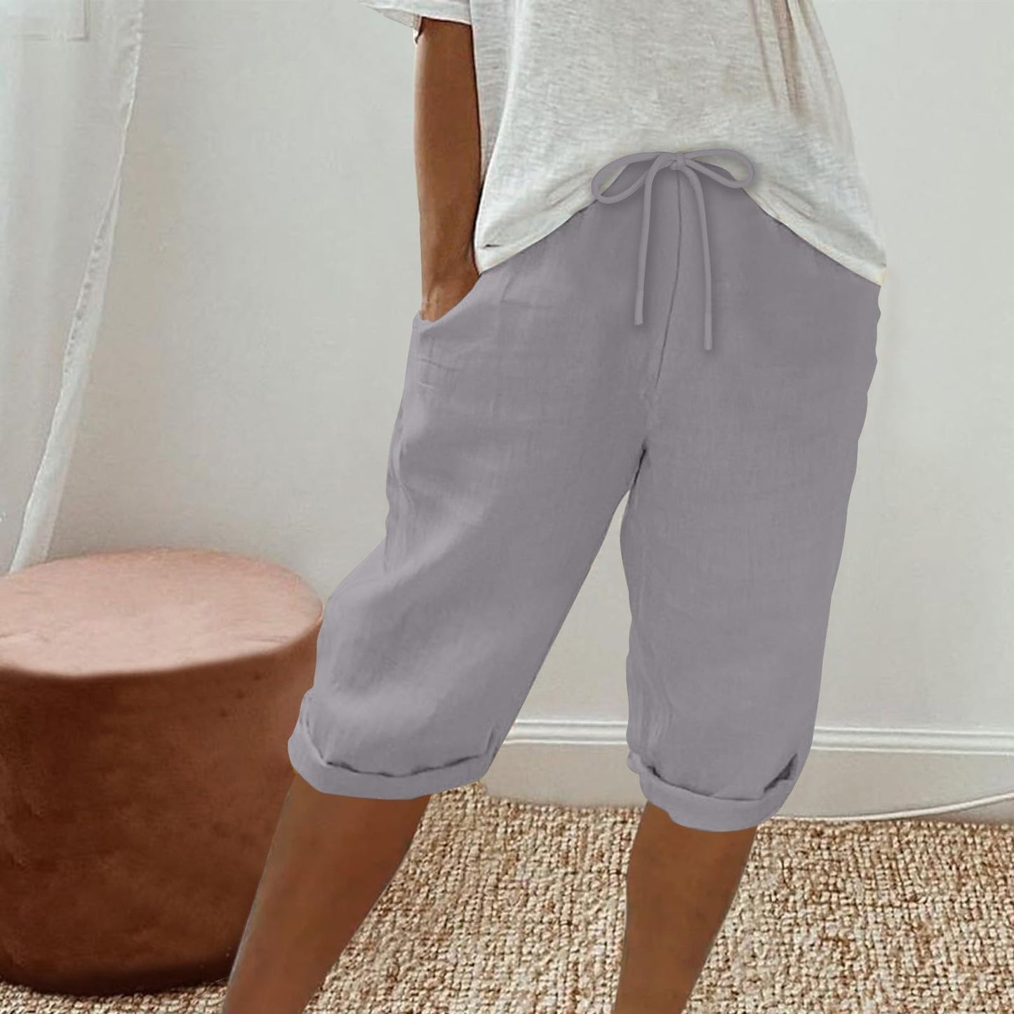 Womens Shorts Women Linen Shorts Summer Knee Length Shorts High Waisted Bermuda Shorts Beach Capris Sweat Lounge Shorts with Pocket Hiking Pants Women