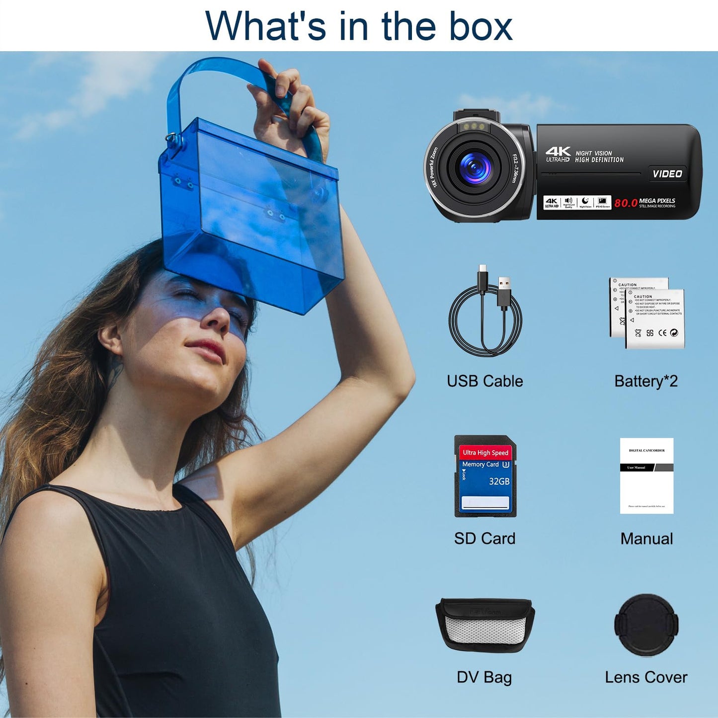 Peryoua 4K HD 80MP Camcorder Video Camera 18X Digital Zoom 3.0 IPS Screen Vlogging Camera for YouTube IR Night Vision Video Recorder with 32GB SD Card, 2 Batteries, Remote Control and Microphone