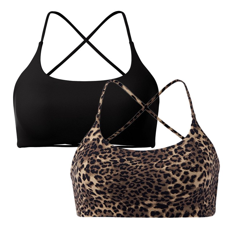 SUUKSESS Women 2 Piece Open Back Sports Bra Pack Strappy Workout Gym Yoga Crops (Cheetah & Black, M)