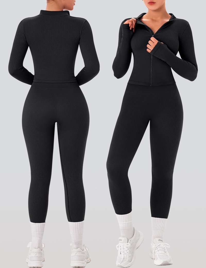 OLCHEE Womens Workout Sets 2 Piece Seamless Ribbed Long Sleeve Yoga Outfits High Waist Leggings Zipper Jacket Thumb Hole Gym Set - Black Medium