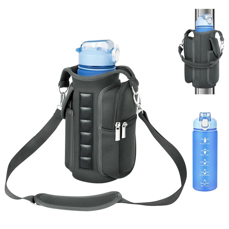 Panmout Hands-Free Magnetic Gym Bag with Gym Bottle - 3-in-1 Water Bottle Holder with 6 Magnets, 3 Pockets, Fits up to 40oz Bottle and Large Phone, Shoulder Strap for Gmy, Hiking and Travel (Grey)