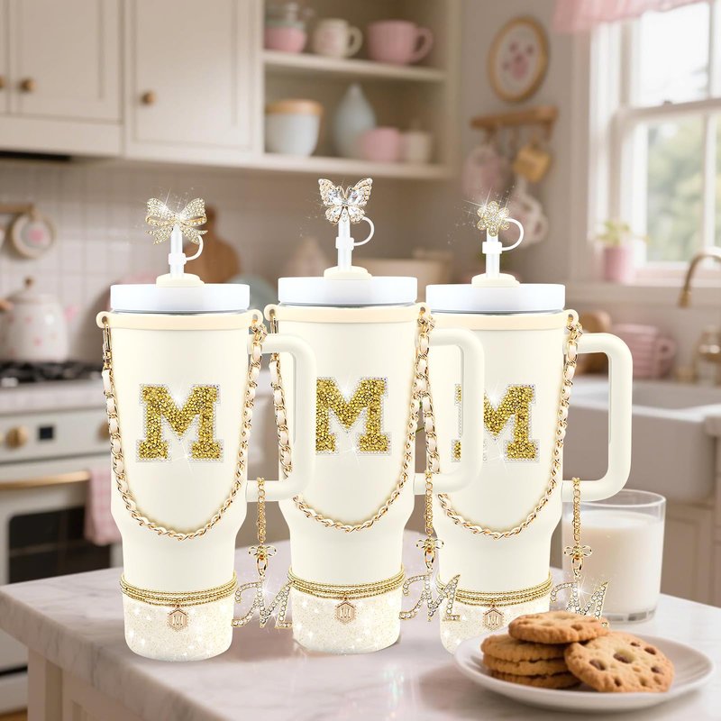 Hpebl 11PCS Gold for Stanley Cup Accessories Set 30/40 OZ Bling Rhinestones Bow Initials Charms for Stanley Decorations Tumbler Accessories Including Butterfly Straw Toppers, Tumbler Boot（Letter M）