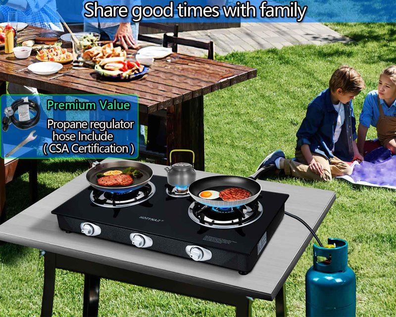 Horynar Propane Stove 3 Burner, Propane Burner, Auto Ignition, Gsa Stove 28,000 BTU,Thickened High-temperature Glass, Easy to Clean, with CSA Hose for Outdoor Cooking, RV, Emergency