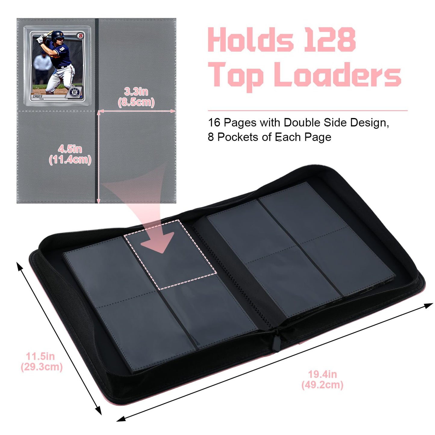 WITHYU Toploader Binder Holds 128 Top Loaders, 4 Pocket Ringless Card Holder for 3" x 4" Rigid Cards, Trading Card Album Small Top Loader Binder for Sports, TCG, MTG (Pink)