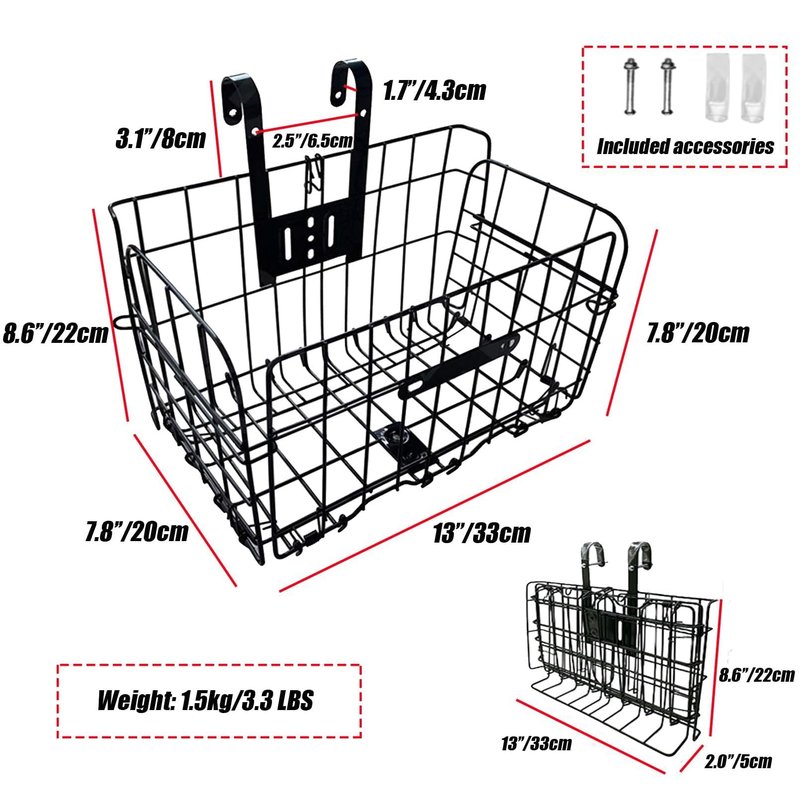 Folding Bike Front Basket, Bicycle Wire Basket with Handles, Easy Installation on Front Handlebar Accessories for Frame Cargo Rack.