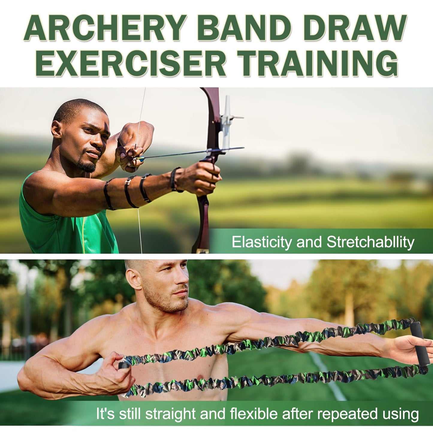 Archery Bow Trainer, 25 45 55 Lbs Archery Band Draw Exerciser Training, Rubber Strength Bands for Recurve Bow Compound Bow Shooting Beginner Experts (Green Camouflage - 45LBs for Intermediate)