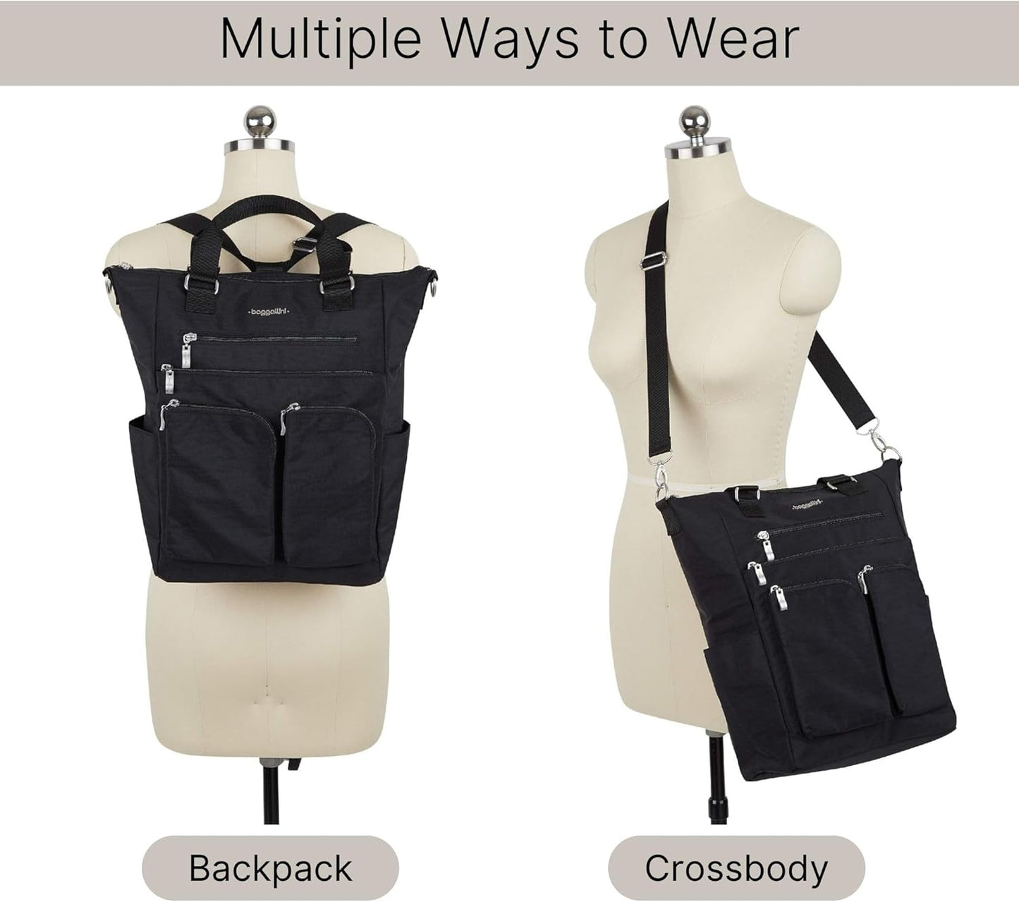 Baggallini Tote Backpack - 3-in-1 Lightweight Travel Bag with RFID Phone Wristlet | 15"x10.5"