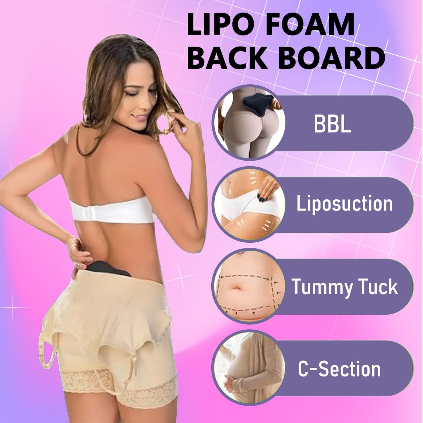 BBL Lipo Foam Back Board for Post-Surgery Recovery - Ergonomic Lumbar Compression Board, Surgeon-Approved Support for Liposuction, BBL, Tummy Tuck & C-Section (8.9" x 5.9" x 0.6", black)