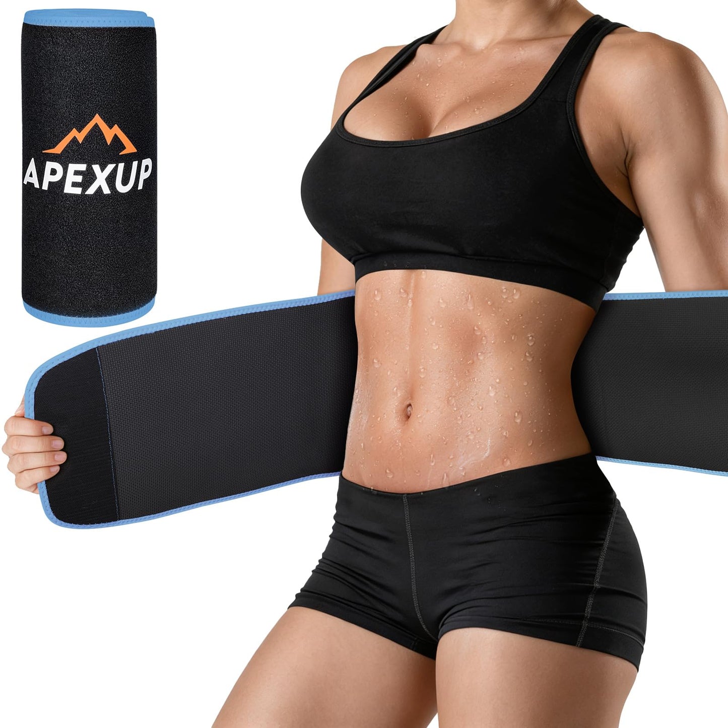 APEXUP Waist Trainer for Women Lower Belly Fat, Men Sweat Band, Stomach Wrap, Waist Trimmer with Removable Lumbar Support (Black/Blue, XL)