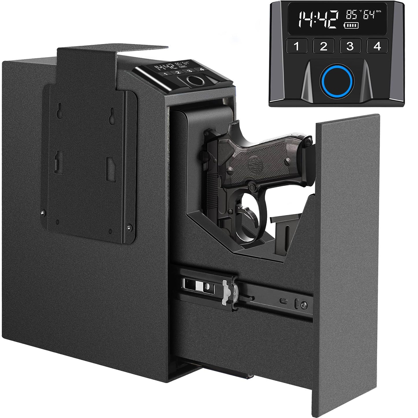 Slider Hidden Handgun Safe, Biometric Fingerprint Smart Pistol Safe for Nightstand, Desk, Bedside - Auto Sliding Door- Fingerprint, PIN Code, KEY Access (Classic)