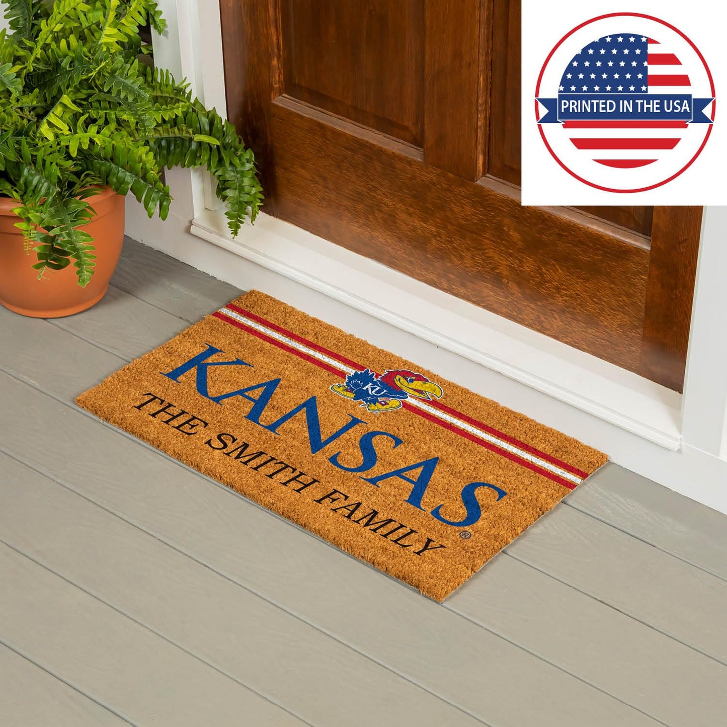 Team Sports America NCAA University of Kansas College Personalized Coir Door Mat, 18 x 30 Inches Custom Name Doormat, Front Door Welcome Mats