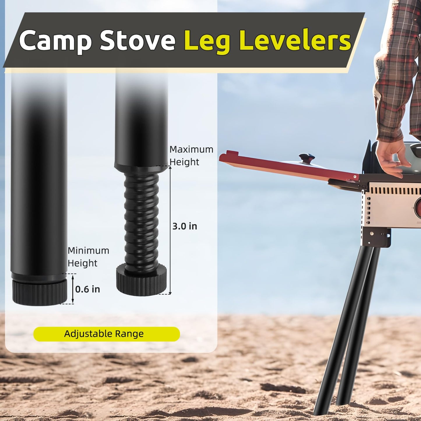 Camp Stove Leg Levelers Adjustable, Accessories for Camp Chef Explorer Stoves, Fit for Outdoor Camping Stove with 1.25" Diameter Round Legs, 4 Pcs Black