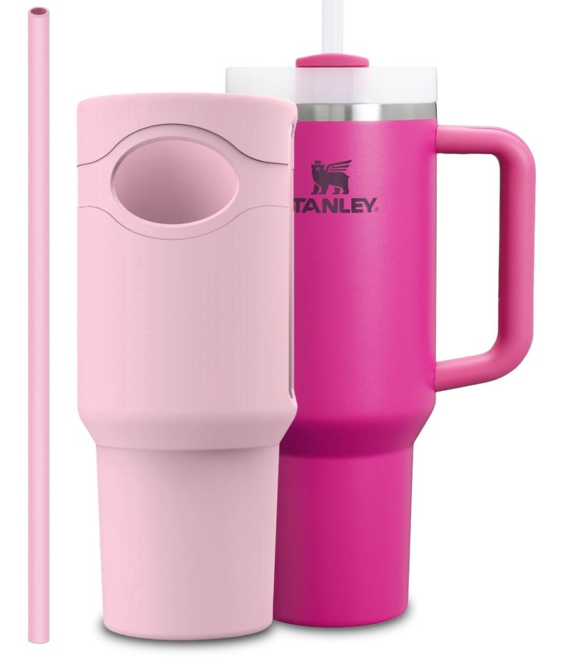 Silicone Boot for Stanley Cup 40 oz Tumbler Sleeve Accessories & Replacement 12” Straw Set Compatible for Stanley Case Quencher with Handle Full Body Protector Case (Pink)