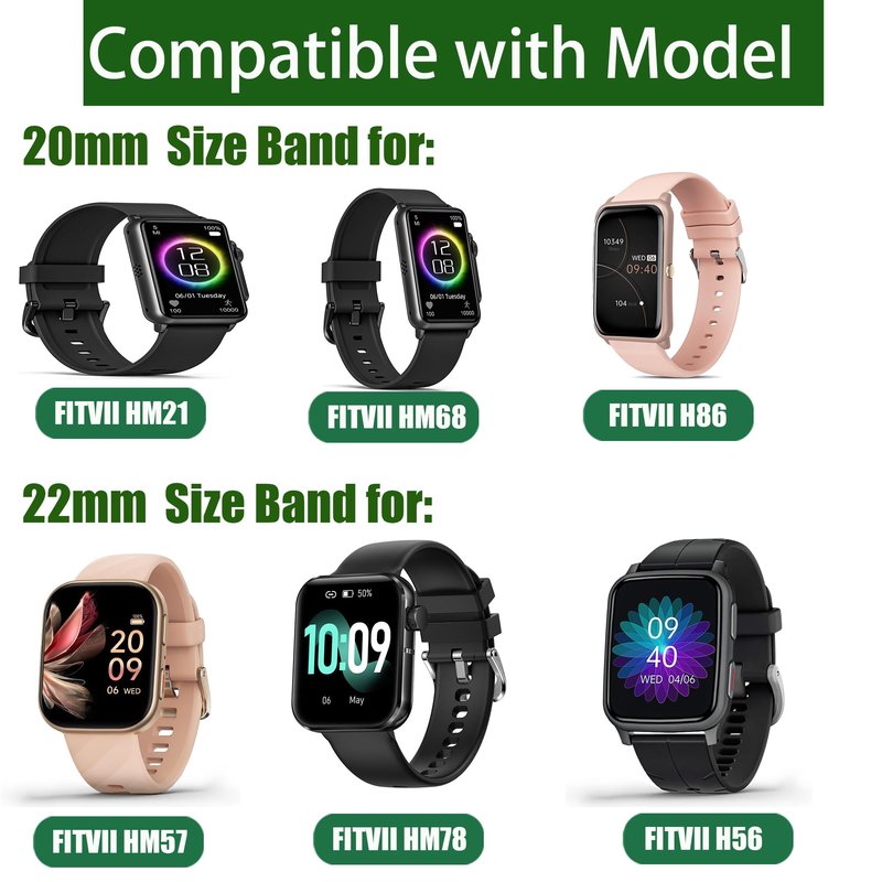 Compatible for FITVII Fitness Tracker Bands, 20mm, 22mm Fabric Elastic Scrunchie Elastic Women Cute Replacement Straps Compatible for FITVII HM57, HM78, HM68, HM21, H56, H86 Smart Watch Fitness Tracker (22mm size band, Black)