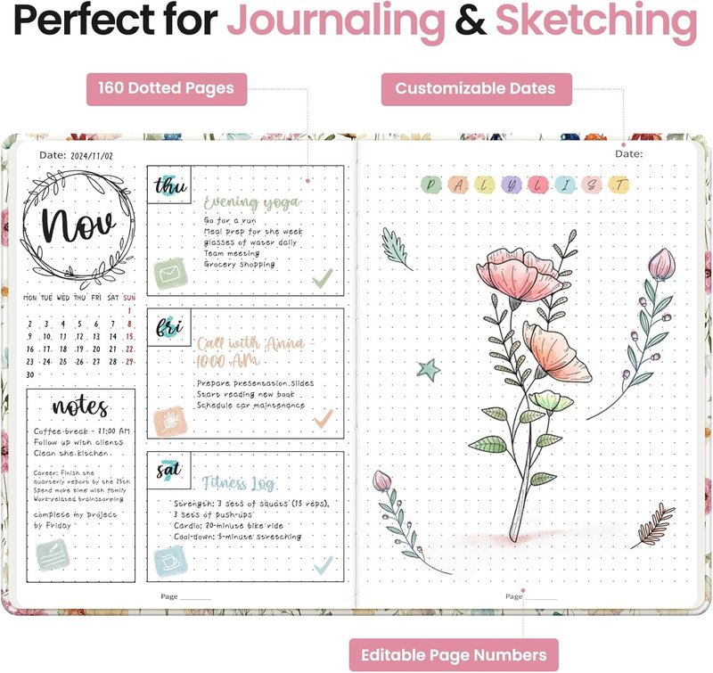 Taja Dotted Journal - A5 Hardcover Leather Notebook for Writing & Sketching | 160 Pages, Garden Design
