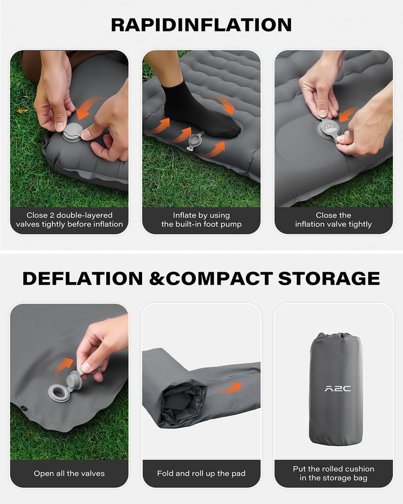 A2C 2025 Stocking Stuffers Foot Pump Thick Camping Sleeping Pad Will Built-in Pillow, Extra Support Air Columns, Ideas, Camping Essentials, Grey